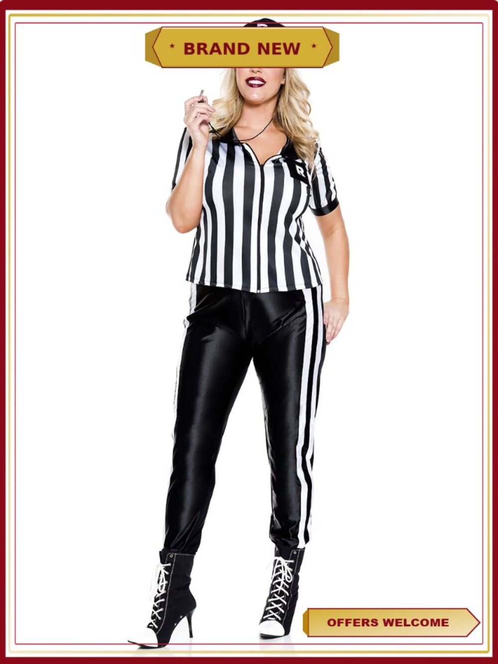 Plus Size Half Time Referee Costume Polyester Spandex Shirt Leggings Cap Whistle
